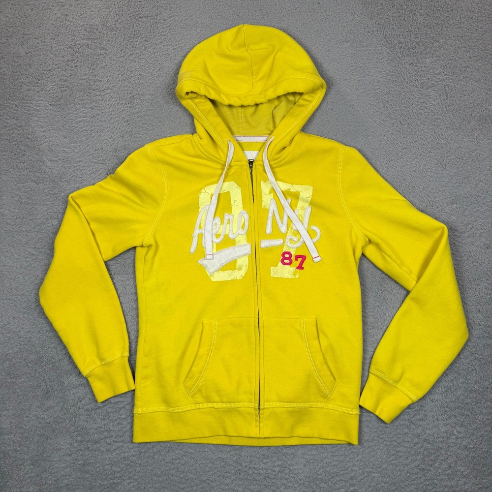 Aeropostale Y2K Womens Yellow Full Zip Hoodie Aero NY 87 Graphic Sweatshirt L